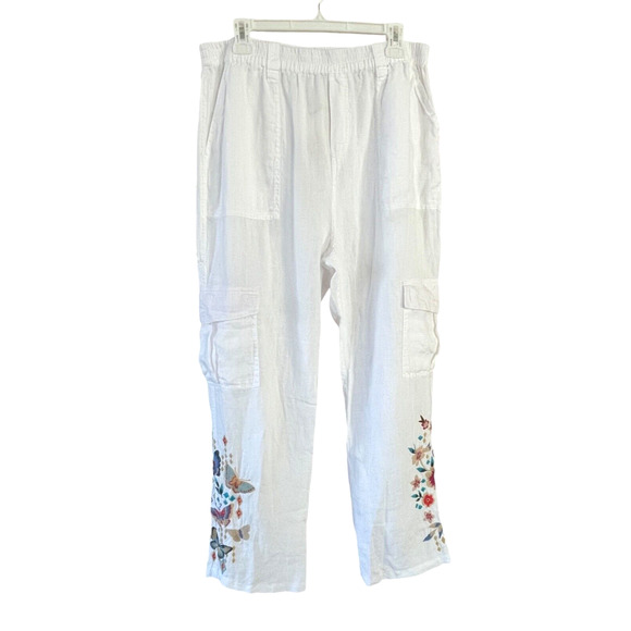 JOHNNY WAS Mariposa Size Large White Embroidered Linen Pull-On Comfort Pants NWT - Picture 7 of 11